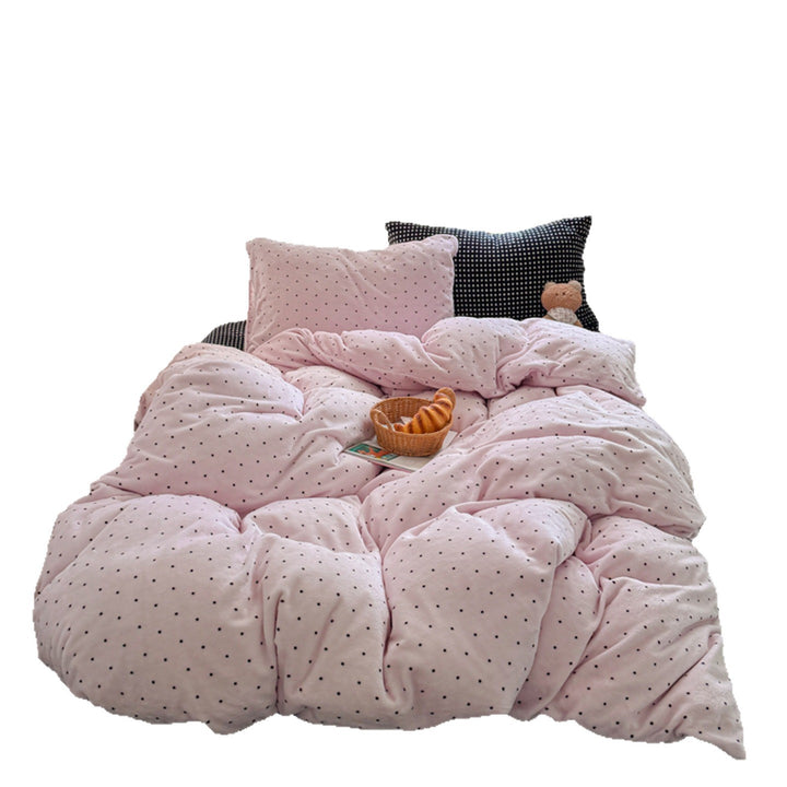 Reversible Floral Flannel Duvet Cover Set with Dot-Pattern Fitted Sheet and Pillowcases
