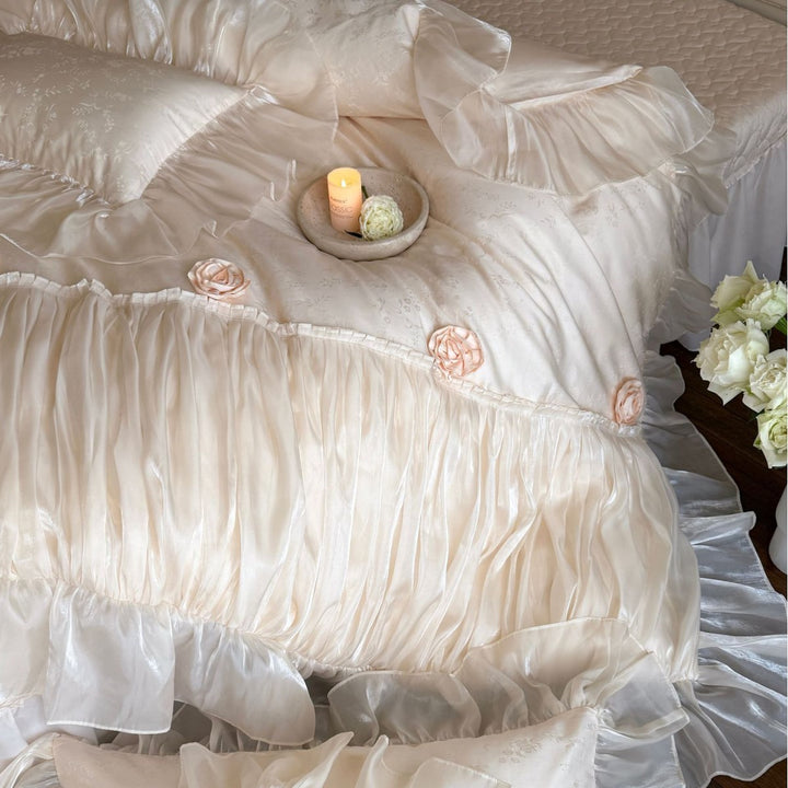 Luxurious Ruffled Satin-Effect Duvet Cover Set with Rosette Accents & Layered Ruffle Skirt