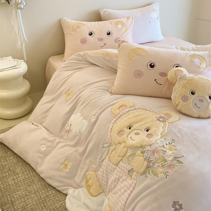 Embroidered Plush Teddy Duvet Cover Set