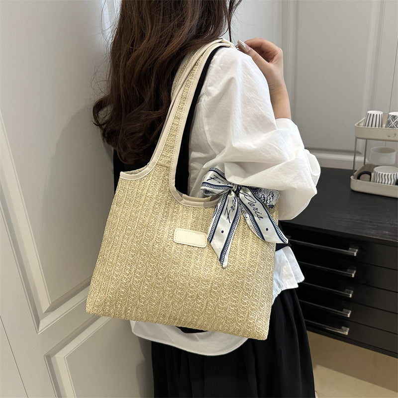 Textured Weave Tote Bag with Elegant Bow Stornfield