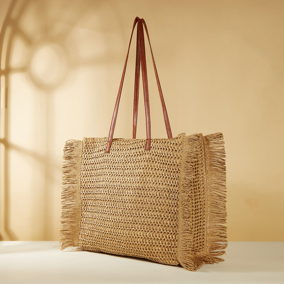 Large Woven Beach Bag with Fringes and Leather Handles Stornfield