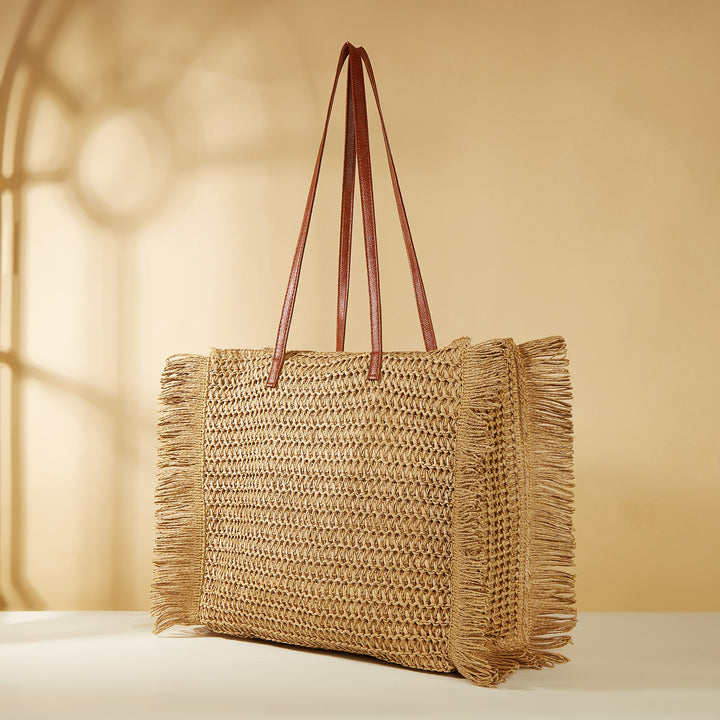 Large Woven Beach Bag with Fringes and Leather Handles Stornfield