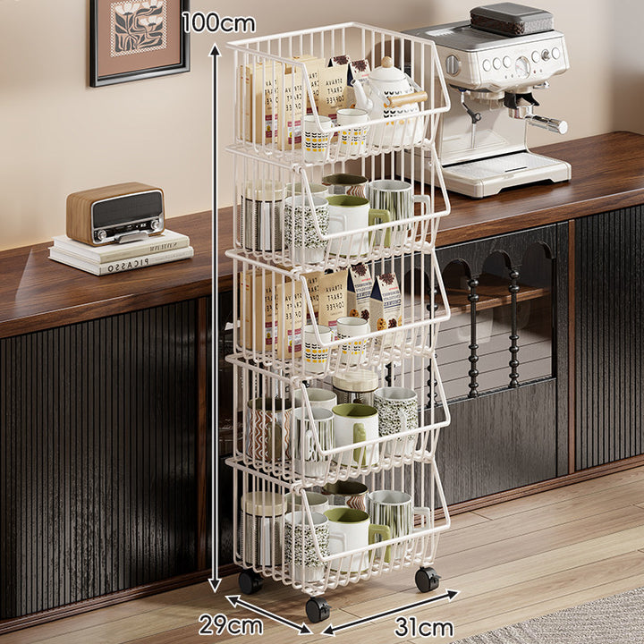Four-Tier Tall Rolling Wire Pantry and Mug Storage Cart with Deep Slanted Baskets