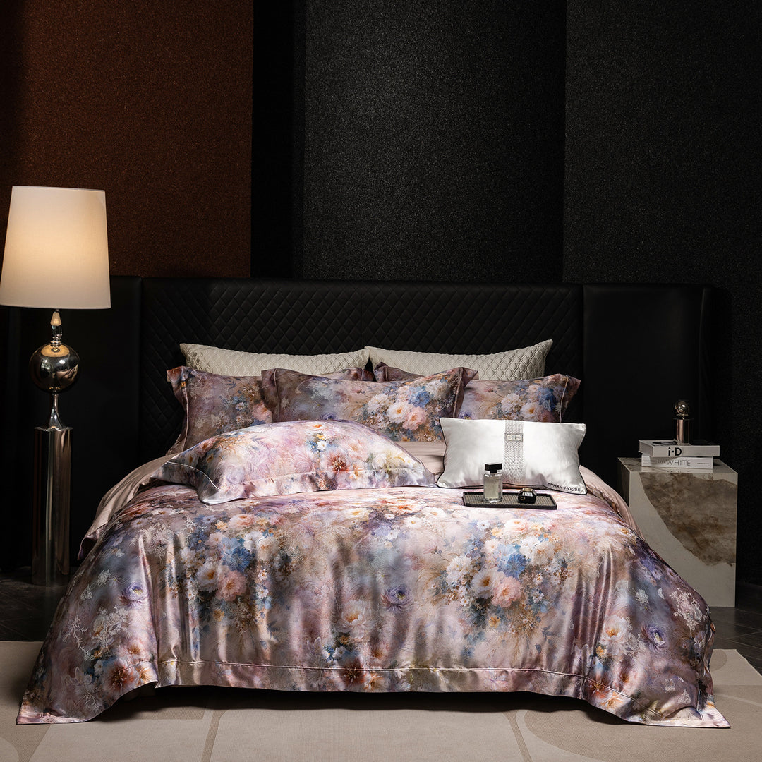 Satin bedding set in watercolor floral pattern with silky smooth finish
