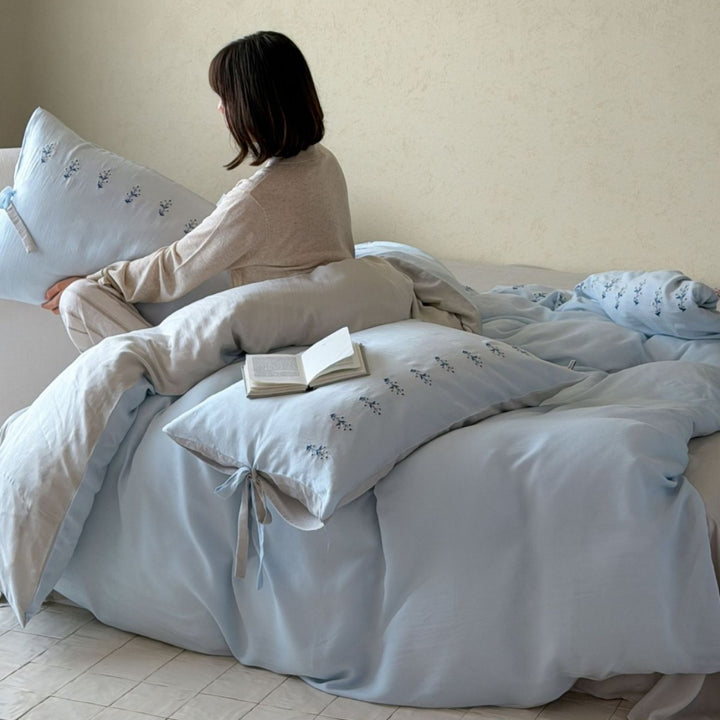 Washed Cotton Embroidered Botanical Duvet Cover and Pillowcase Set