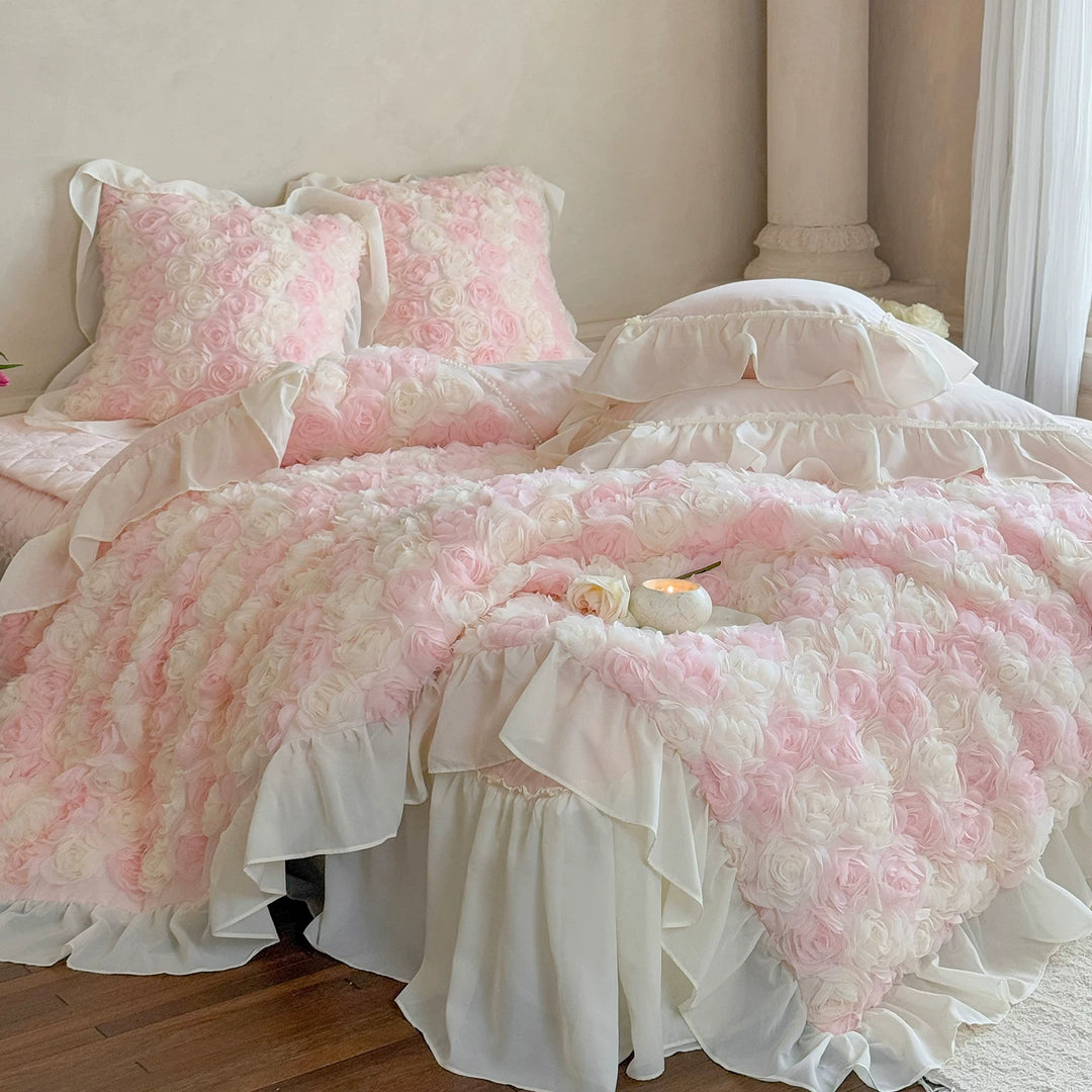 Romantic Three-Dimensional Rose Applique Floral Duvet Cover Set with Ruffled Shams