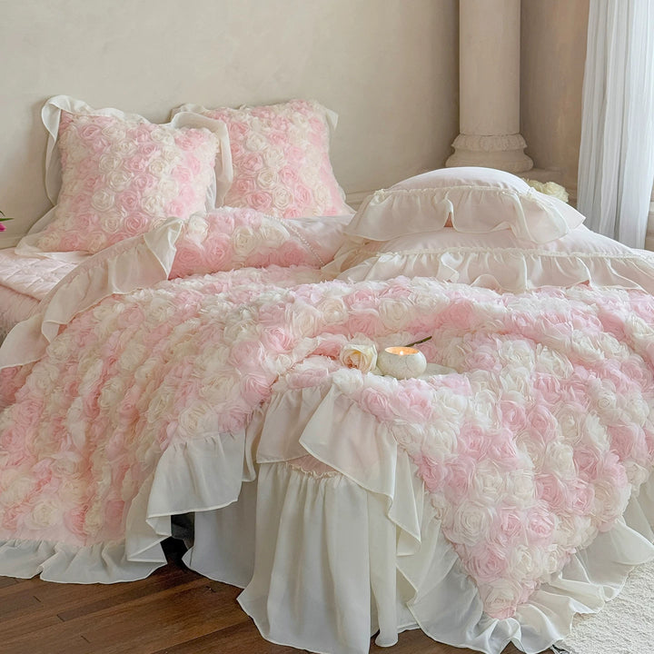 Romantic Three-Dimensional Rose Applique Floral Duvet Cover Set with Ruffled Shams