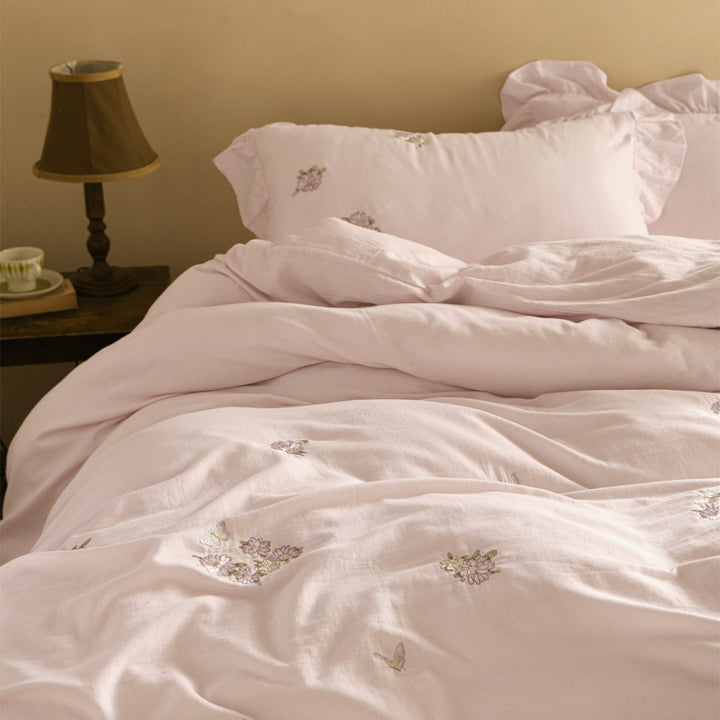 Embroidered Floral Cotton Sateen Duvet Cover Set with Ruffled Pillow Shams