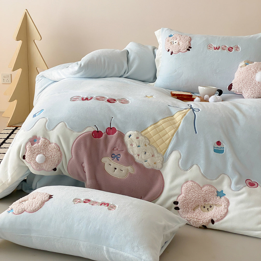 Children's Embroidered Plush Duvet Cover Set with Ice Cream & Sheep Appliqués