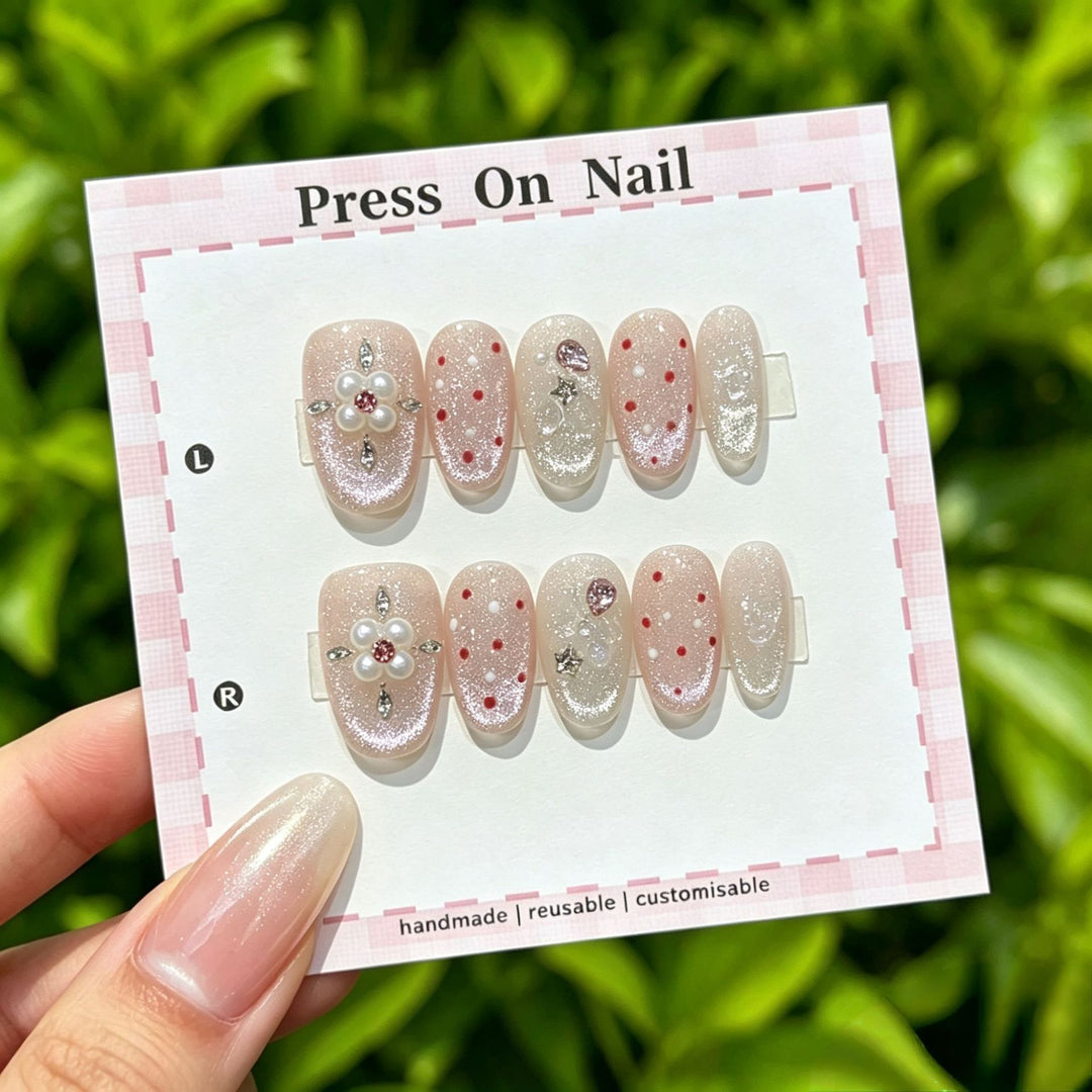 Decorative Press-On Nail Set with Gem Accents  1791774365