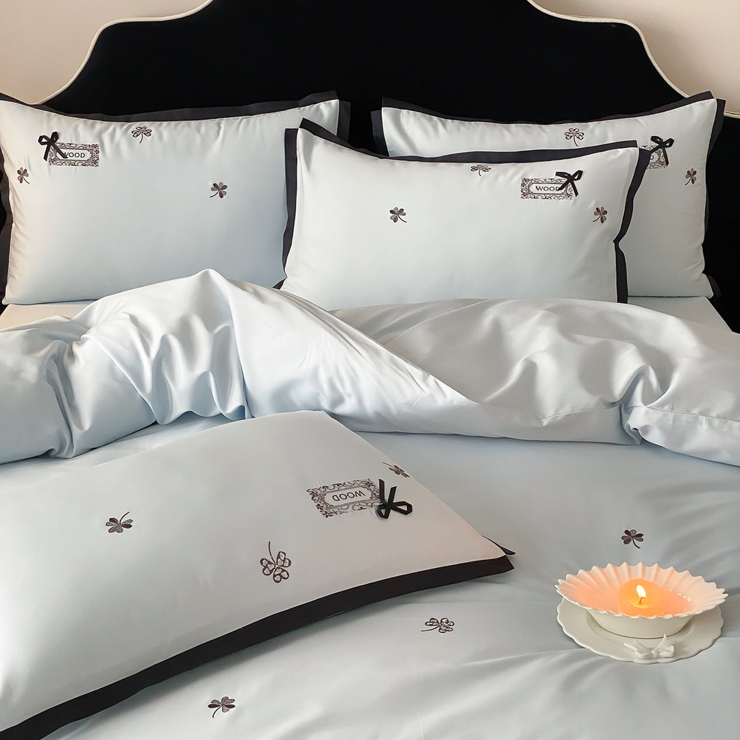 Embroidered Cotton Sateen Duvet Cover Set with Contrast Piped Edge and Ribbon Appliqué