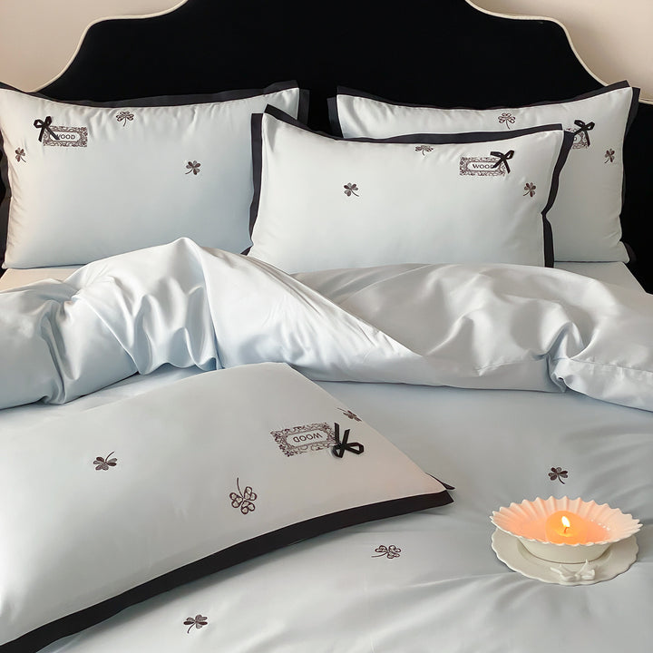 Embroidered Cotton Sateen Duvet Cover Set with Contrast Piped Edge and Ribbon Appliqué