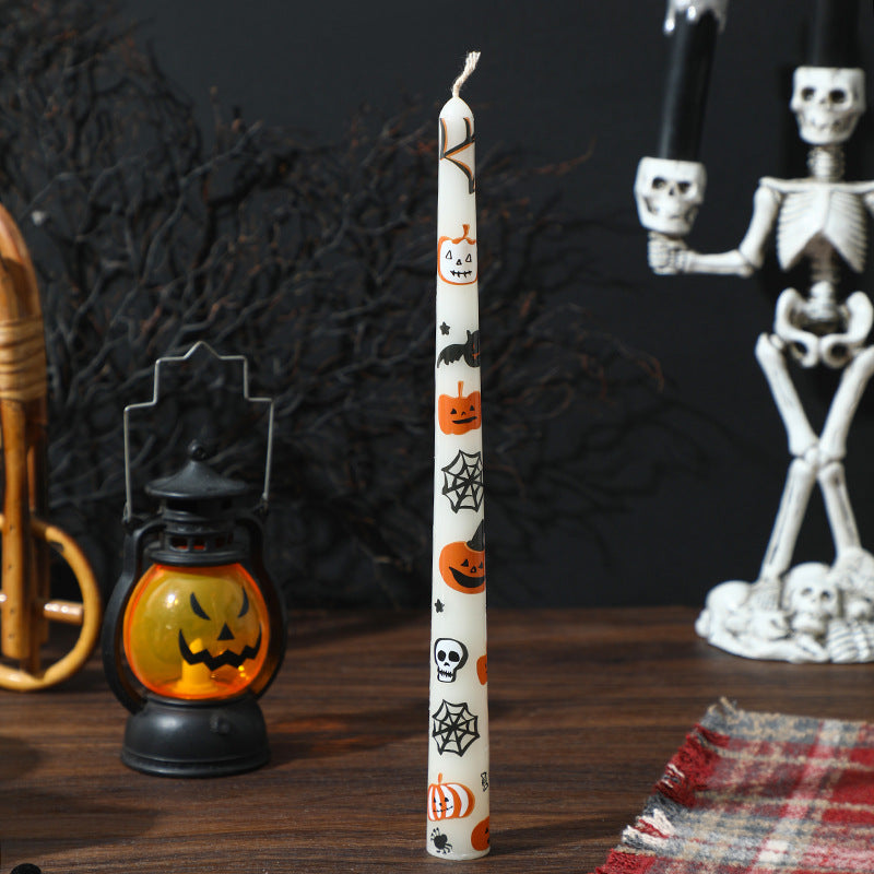 Halloween Decorative Tall Taper Candle with Printed Ghost and Pumpkin Motif