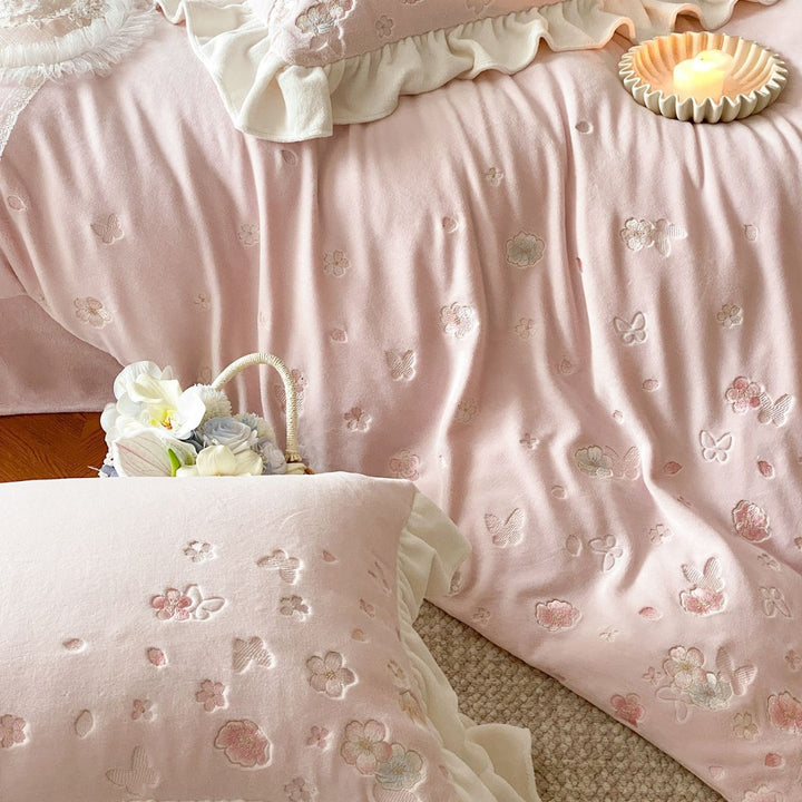 Soft Brushed Cotton Floral Embroidered Ruffled Duvet Cover & Sham Set