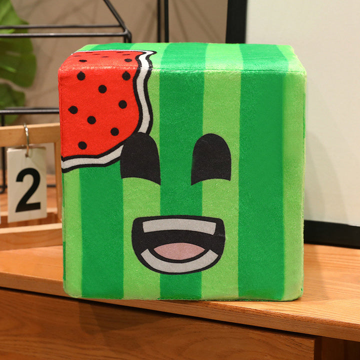 Kawaii Watermelon Cube Plush Decorative Cushion with Embroidered Face Stornfield