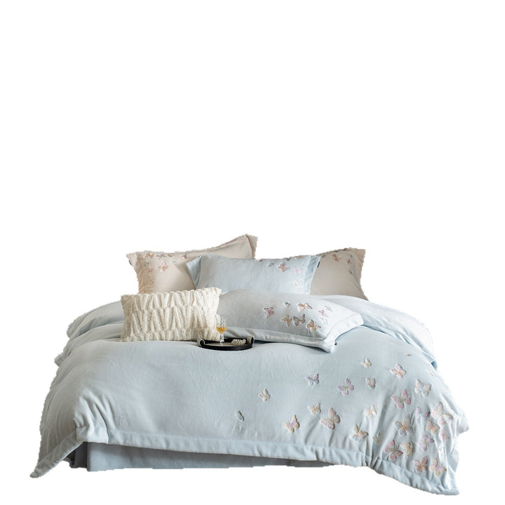 Embroidered Pastel Butterfly Washed Cotton-Linen Duvet Cover Ensemble