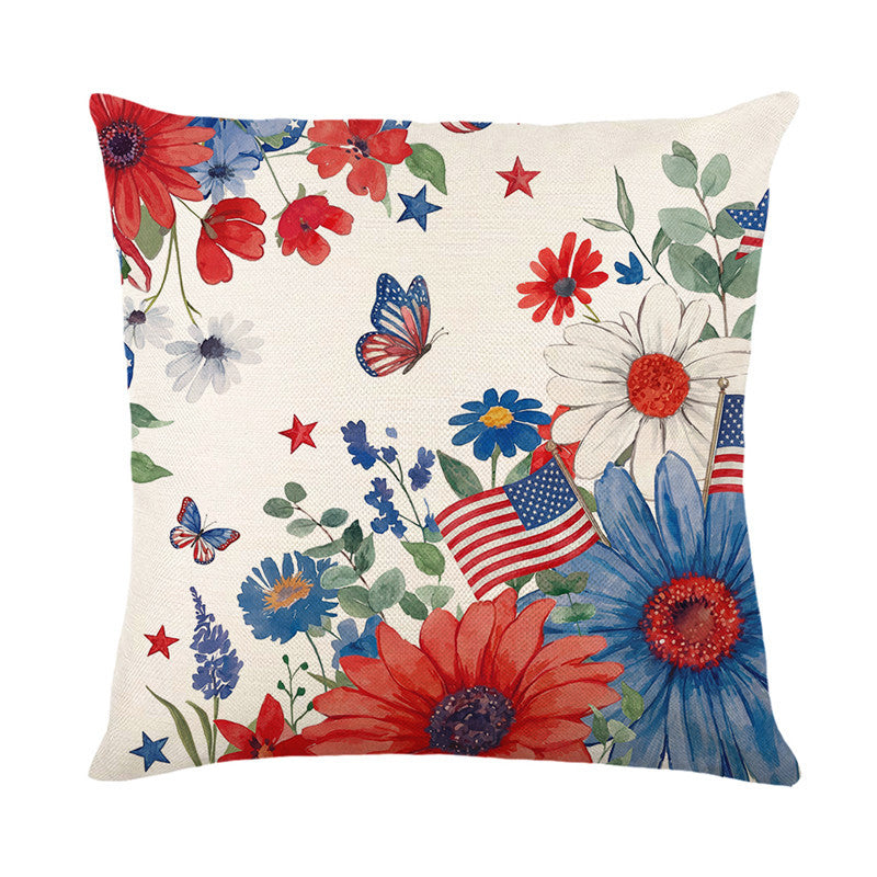 Patriotic Decorative Throw Pillow Cover with Script Typography and Floral Accent