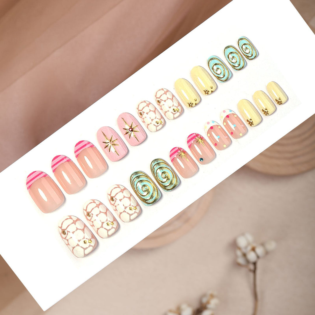 Acrylic nail set with creative abstract designs and glitter accents Stornfield