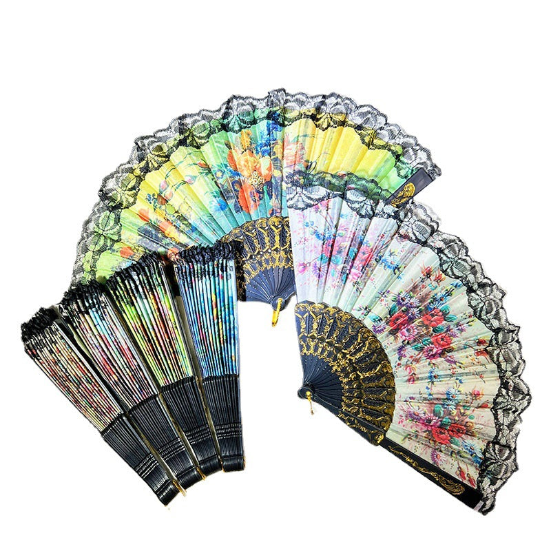 Ladies Elegant Hand Fan with Floral Design and Lace Edges Stornfield