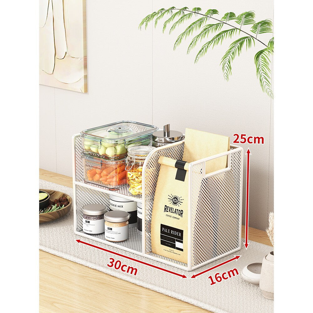 Metal Mesh Countertop Pantry Organizer with Multi-Tier Shelves and Vertical Bag Compartment