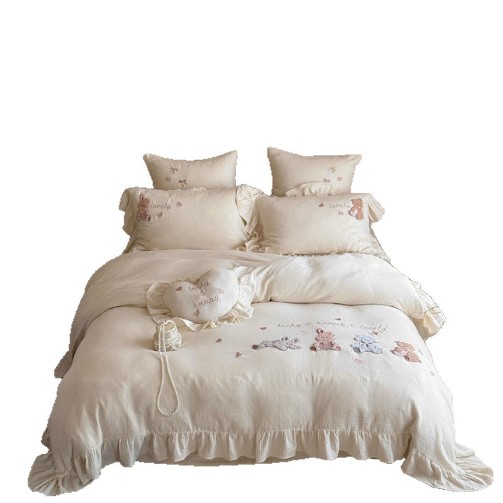 Ruffled Embroidered Cotton Duvet Cover Set with Appliqué Animals and Decorative Heart Cushion