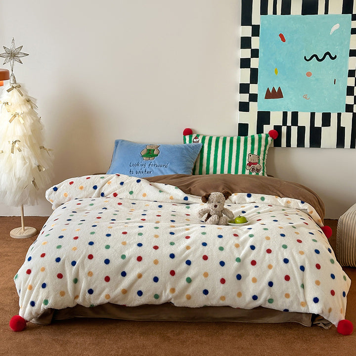 Plush Microfleece Reversible Duvet Cover Set with Pom-Pom Corners and Bow Print
