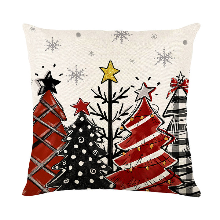 Decorative Holiday Linen-Texture Cushion Cover with Gnome Reindeer Snowman Illustration