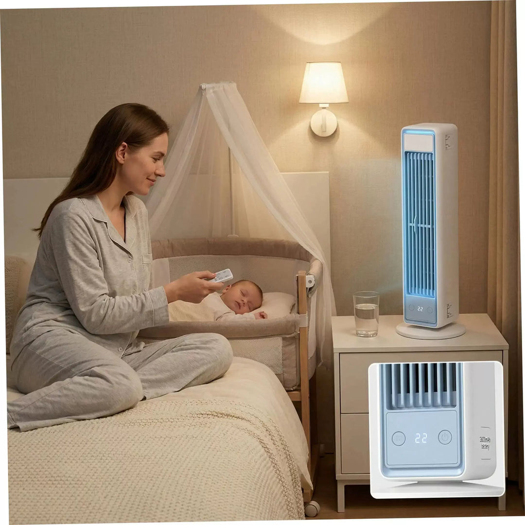 Unisex one size slim vertical personal air circulator with remote control adjustable louvers whisper-quiet DC motor Stornfield