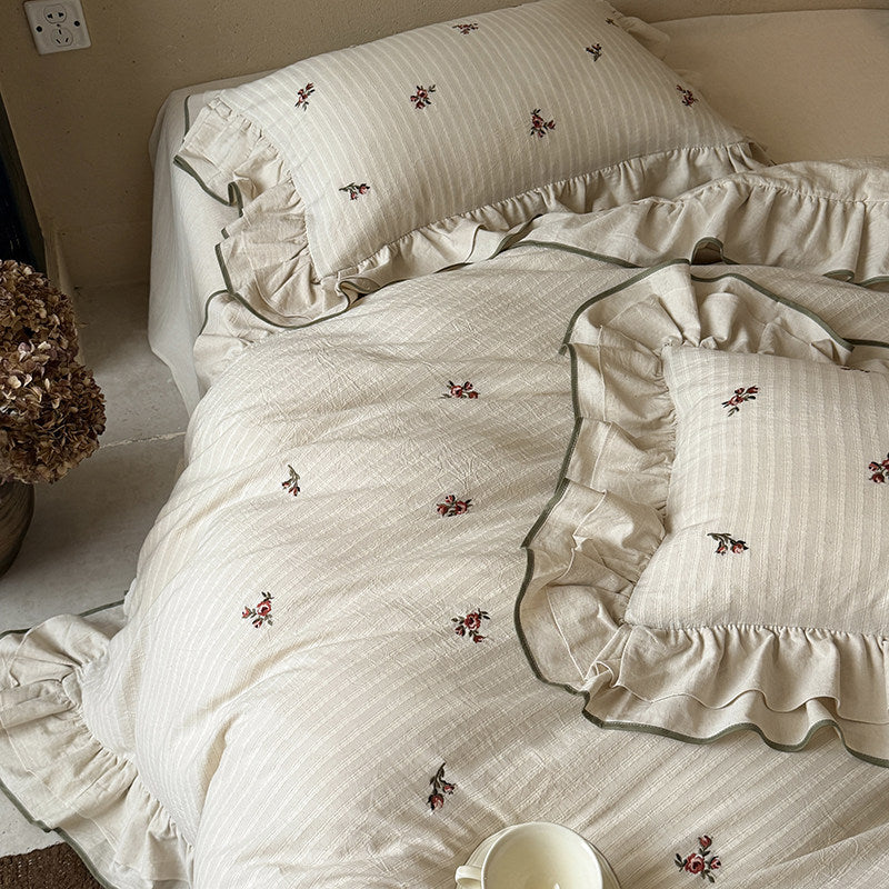 Embroidered Mini-Rose Ruffled Cotton-Linen Duvet Cover Set with Olive Piped Edge