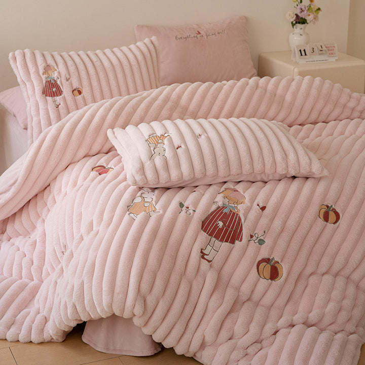 Plush Ribbed Corded Duvet Cover Set with Embroidered Whimsical Motifs
