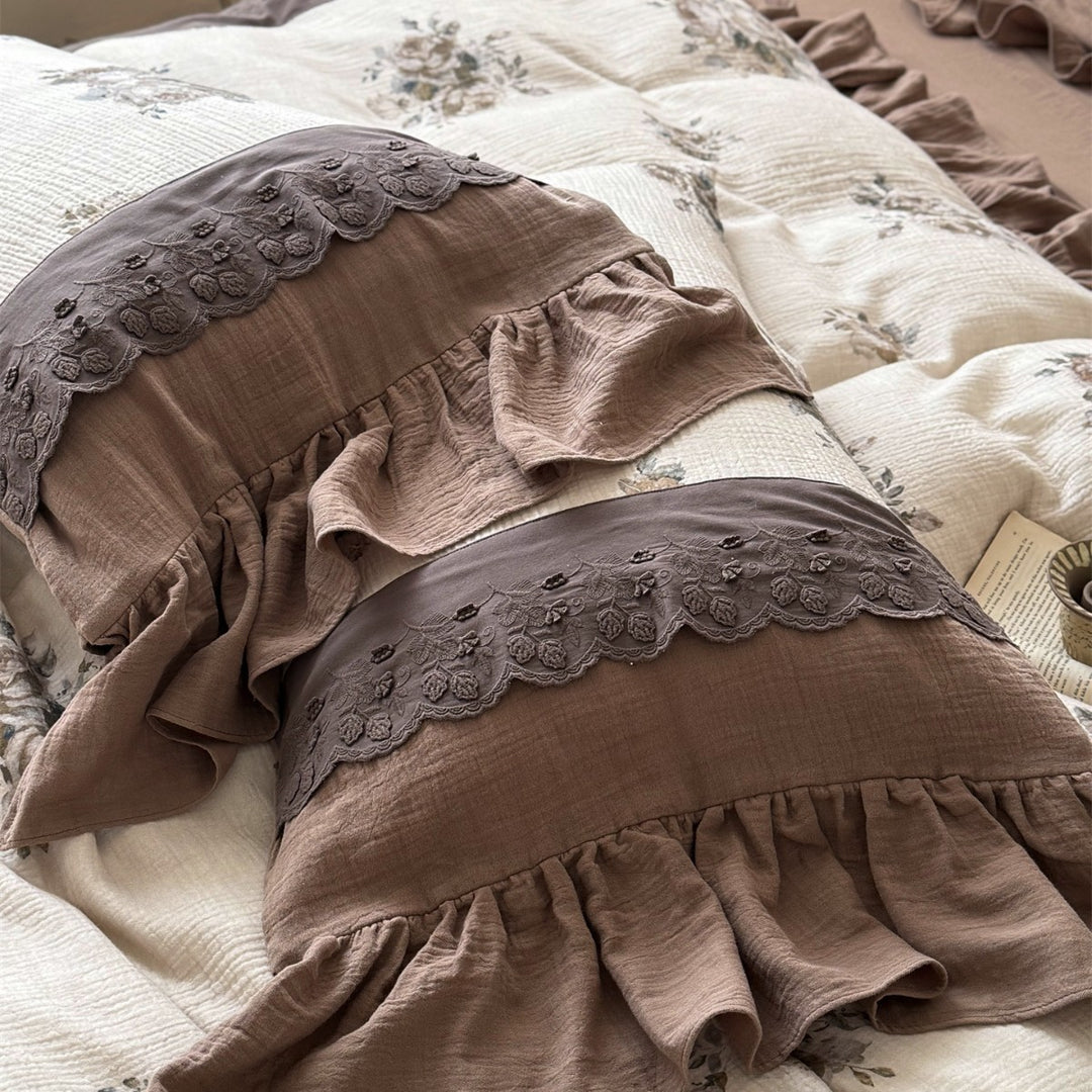 Ruffled Floral Cotton-Look Layered Duvet Cover Set with Embroidered Border