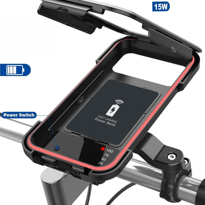 RideCharge Pro – Waterproof Phone Holder with USB and 15W Wireless Charging for Bicycle and E-Bike | Stornfield