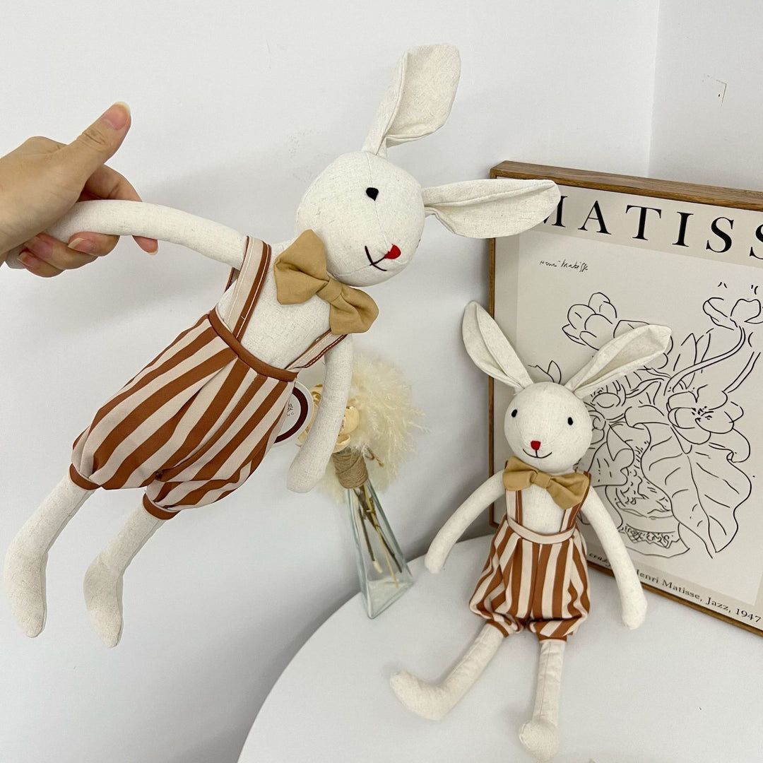 Handcrafted Floppy-Eared Linen Bunny Doll with Embroidered Face and Check Overalls