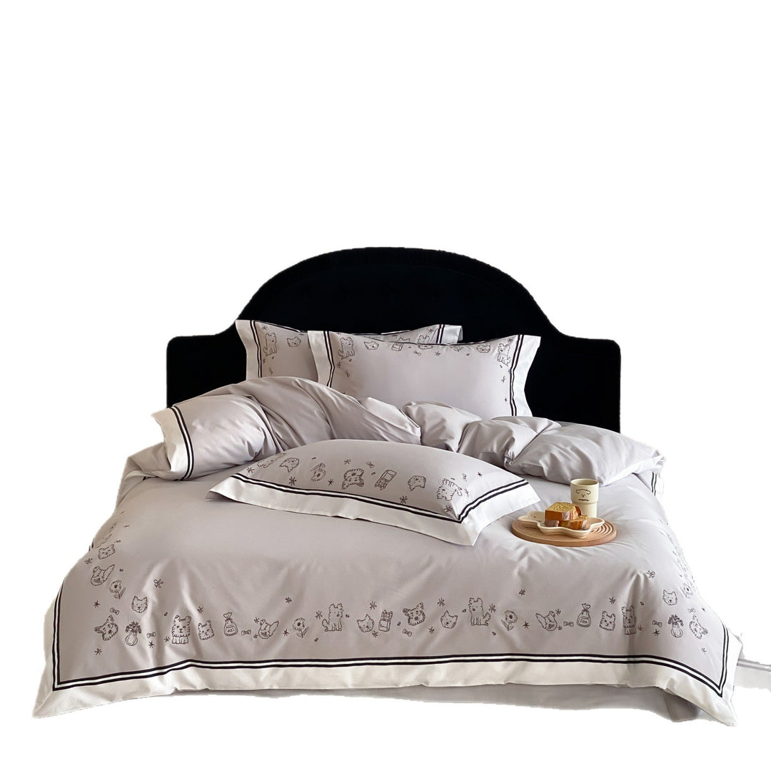 Cotton satin bed linen set with cute dog sketch embroidery and contrast piping