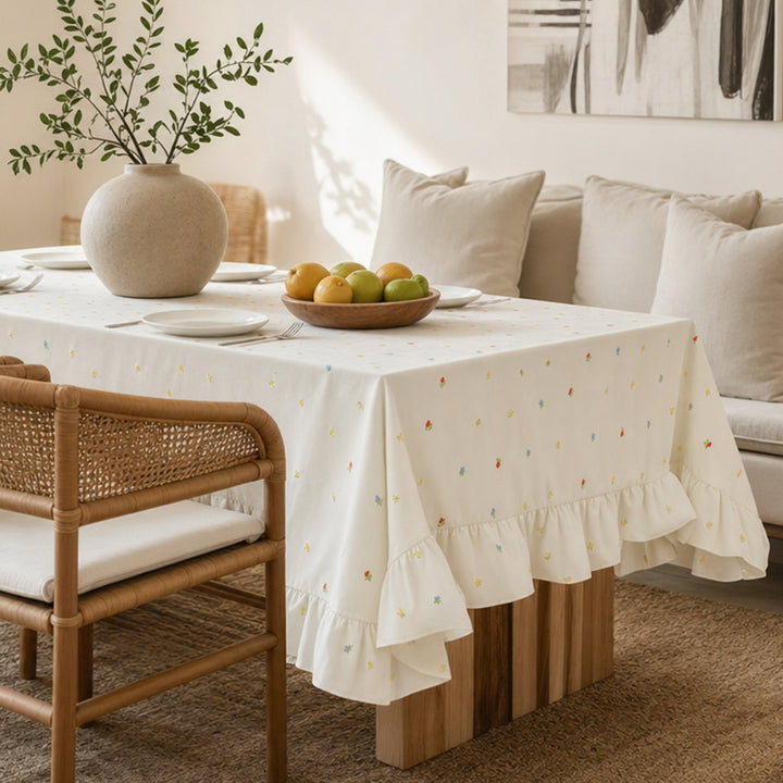 Tablecloth with embroidered mini flower pattern and ruffled edge Stornfield