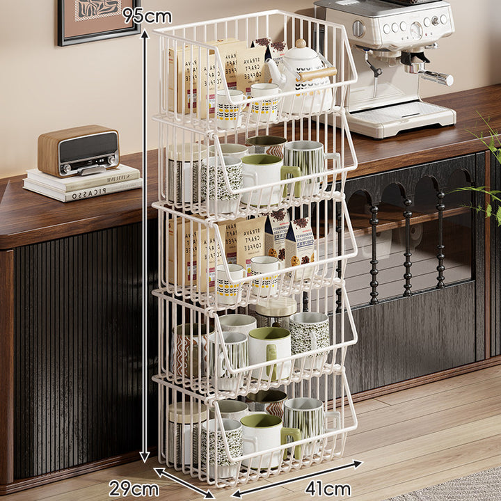 Four-Tier Tall Rolling Wire Pantry and Mug Storage Cart with Deep Slanted Baskets