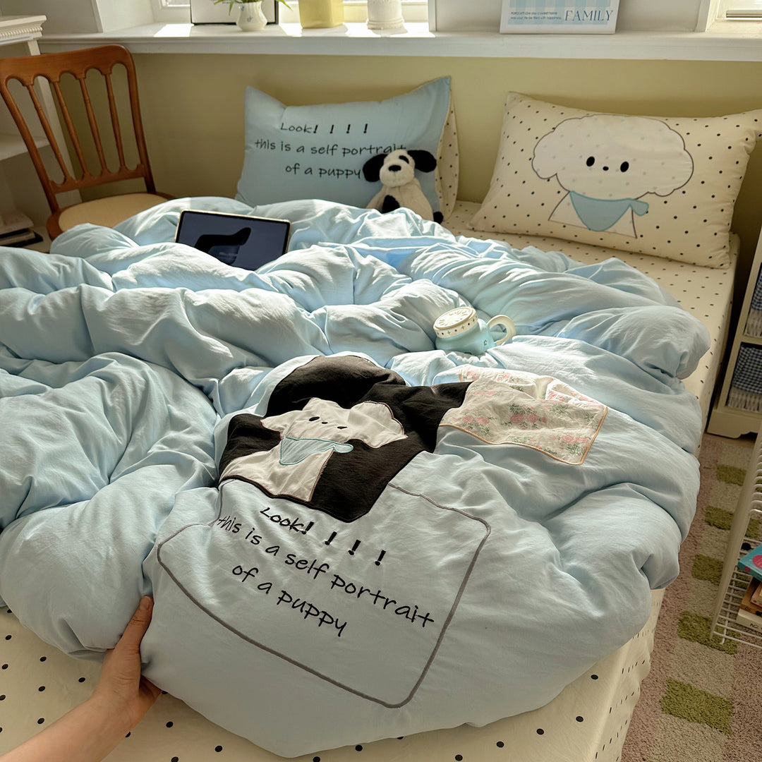 Plush Quilted Cartoon Puppy Duvet Comforter Set