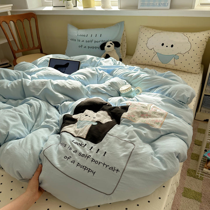 Plush Quilted Cartoon Puppy Duvet Comforter Set