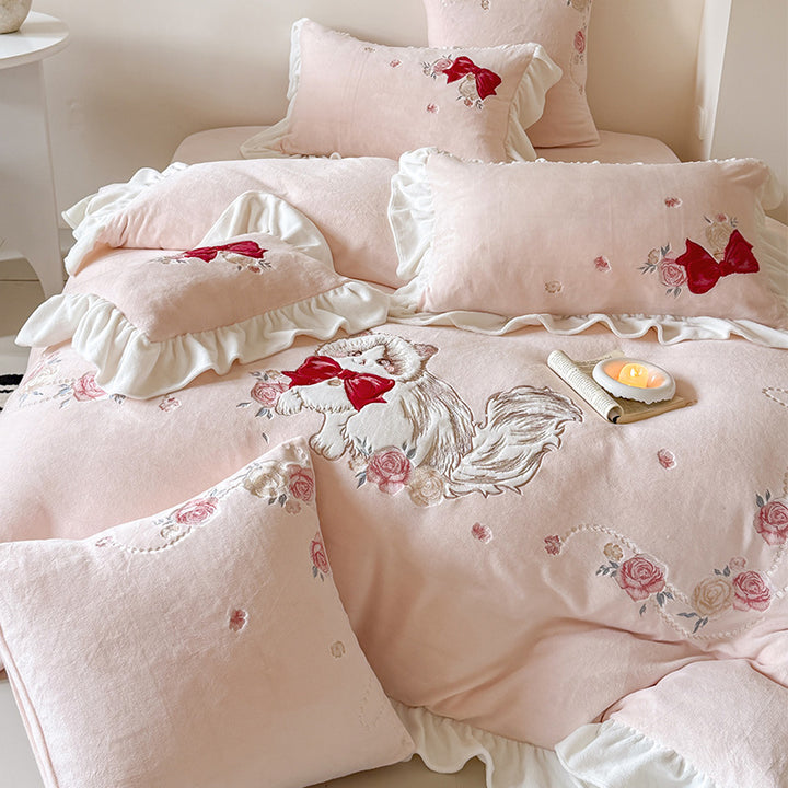 Ruffled Cotton Sateen Duvet Cover Set with Embroidered Kitten & Rose Motif