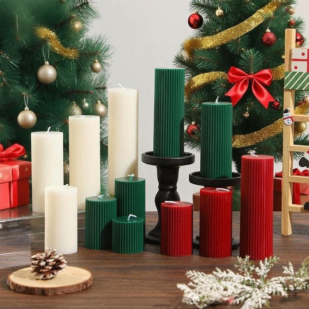 Ribbed Textured Holiday Pillar Candle Set