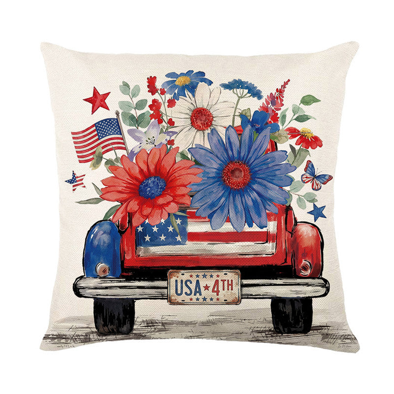 Patriotic Decorative Throw Pillow Cover with Script Typography and Floral Accent