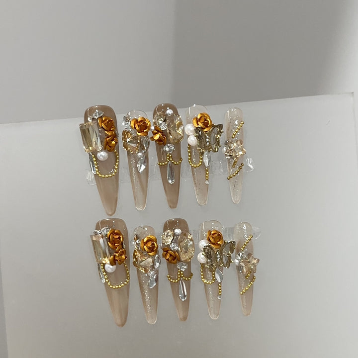 Decorative Stiletto Press-On Nail Art Set with Floral and Gemstone Accents