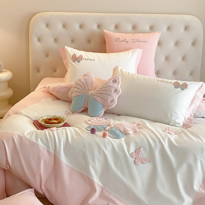 Butterfly Embroidered Cotton Sateen Duvet Cover Set with Decorative Shams and Plush Accent Pillow