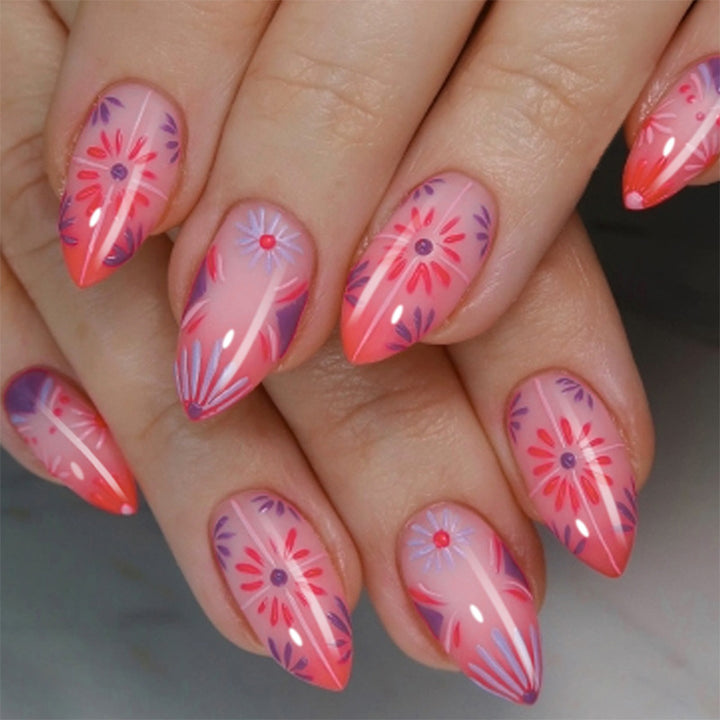 Artistic Press-On Nail Set with Floral and Geometric Patterns Stornfield