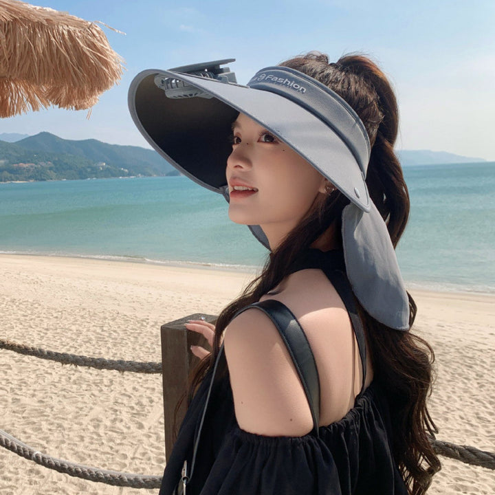 Visor with integrated solar fan, solar module, and neck protection Stornfield