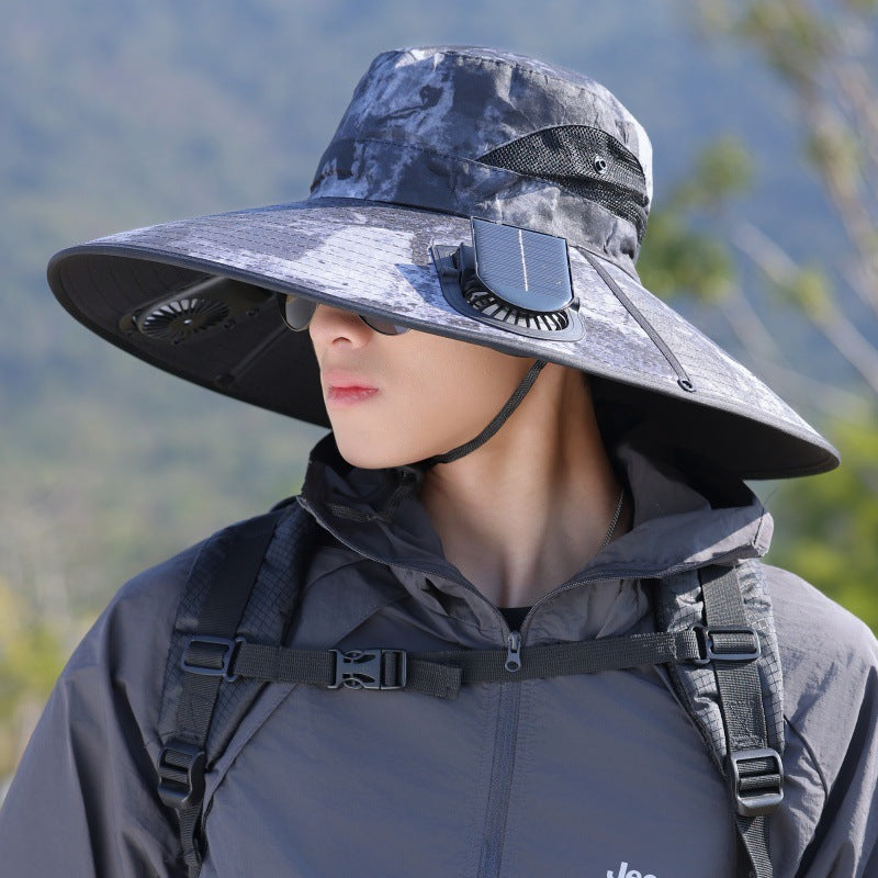 Wide-brimmed outdoor sun hat with solar-powered micro fan, breathable mesh and adjustable chin strap Stornfield