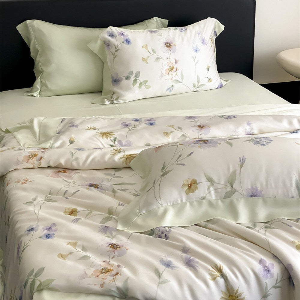 Luxurious cotton satin bedding set with watercolor marble print and fine hem edge