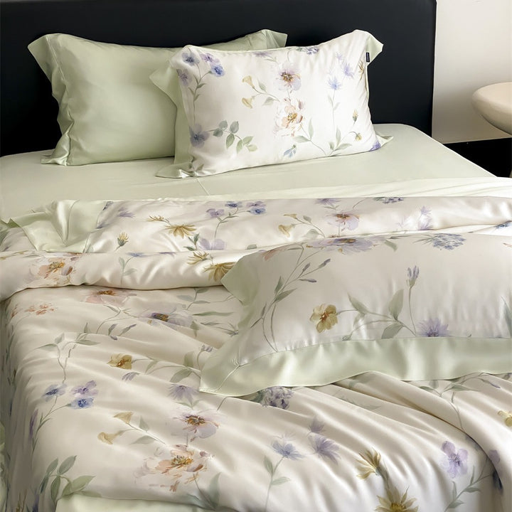 Luxurious cotton satin bedding set with watercolor marble print and fine hem edge