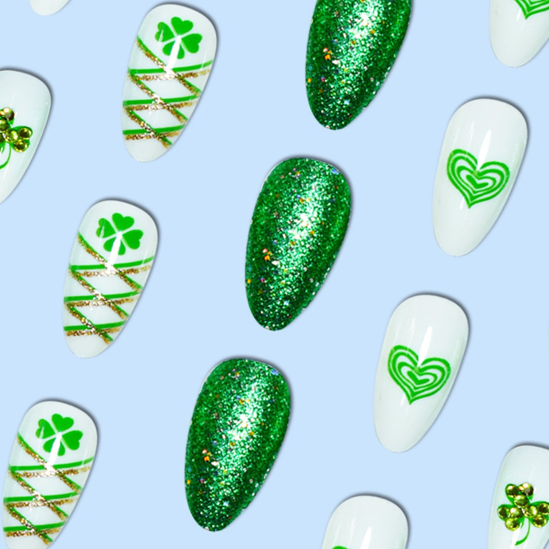 Glamorous Stiletto Press-On Nail Art with Glitter and Shamrock Design Stornfield