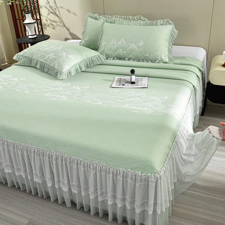 Elegant quilted bedspread with lace ruffle and mountain jacquard